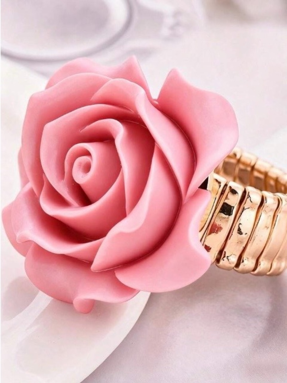 Pink Rose Stretch Ring - Gold Band